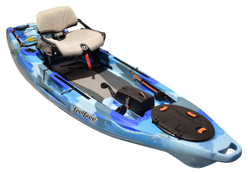 Feelfree Lure 10 in Ocean Camo showing removable sonor pod and Gravity seat