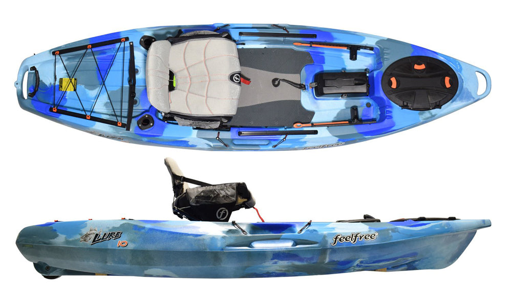 Feelfree Lure 10 stable fishing kayak in Ocean Camo showing Gravity seat and standing pads 