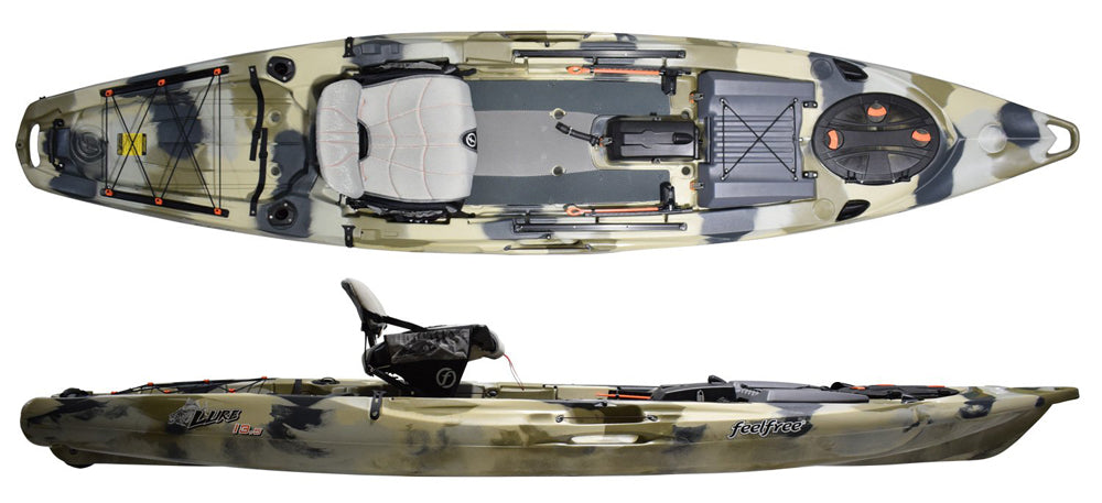Feelfree Lure 13.5 V2 in Desert Camo showing Gravity seat in raised position