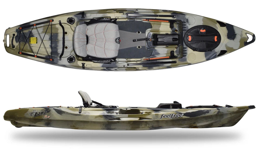 Feelfree Lure 11.5 V2 in Desert Camo showing removable Sonar Pod and Gravity seat