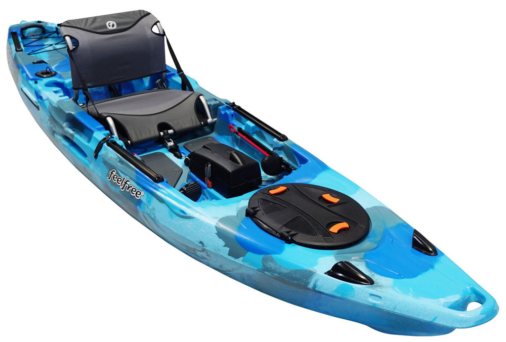 Feelfree Moken 12-5 Angler Fishing Kayak showing seat and removable tackle pod