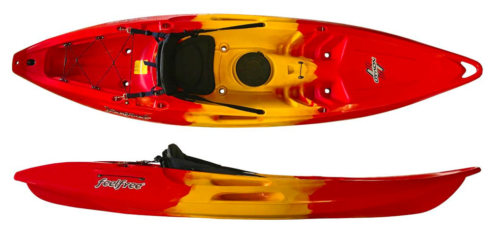 Nomad Sport in Red/Yellow/Red showing the moulded in side handles, centre hatch and the generous tankwell behind the seat.