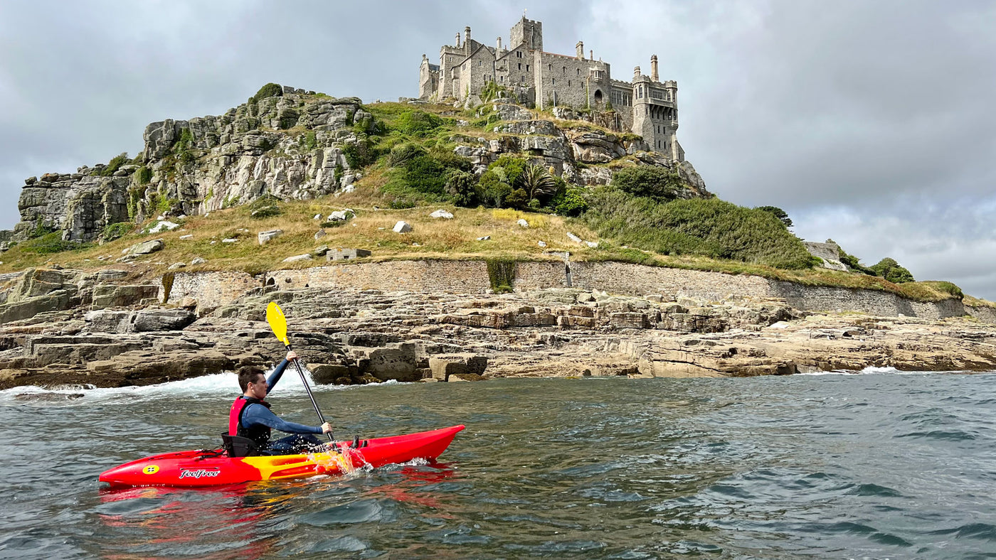 Kayaking around St. Michaels Mount in Cornwall on the Feelfree Nomad Sport